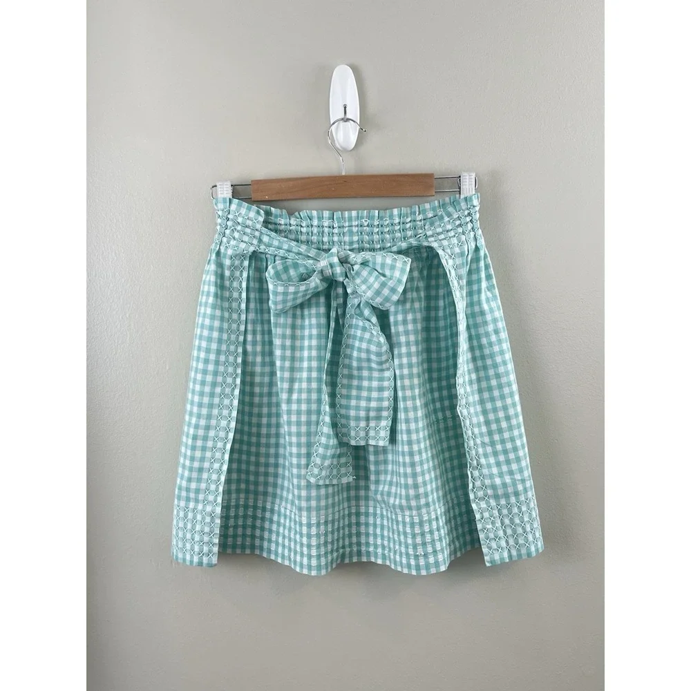 Half Apron Aqua Gingham Check White Cross-stitch Hand Made Pleated Vintage